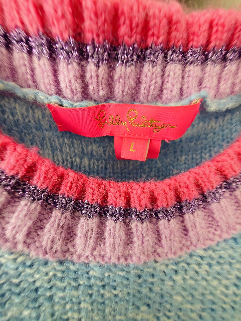 Lilly Pulitzer Light Blue Pom-Pom Knit Sweater with Pink Trim - Picture 2 of 2